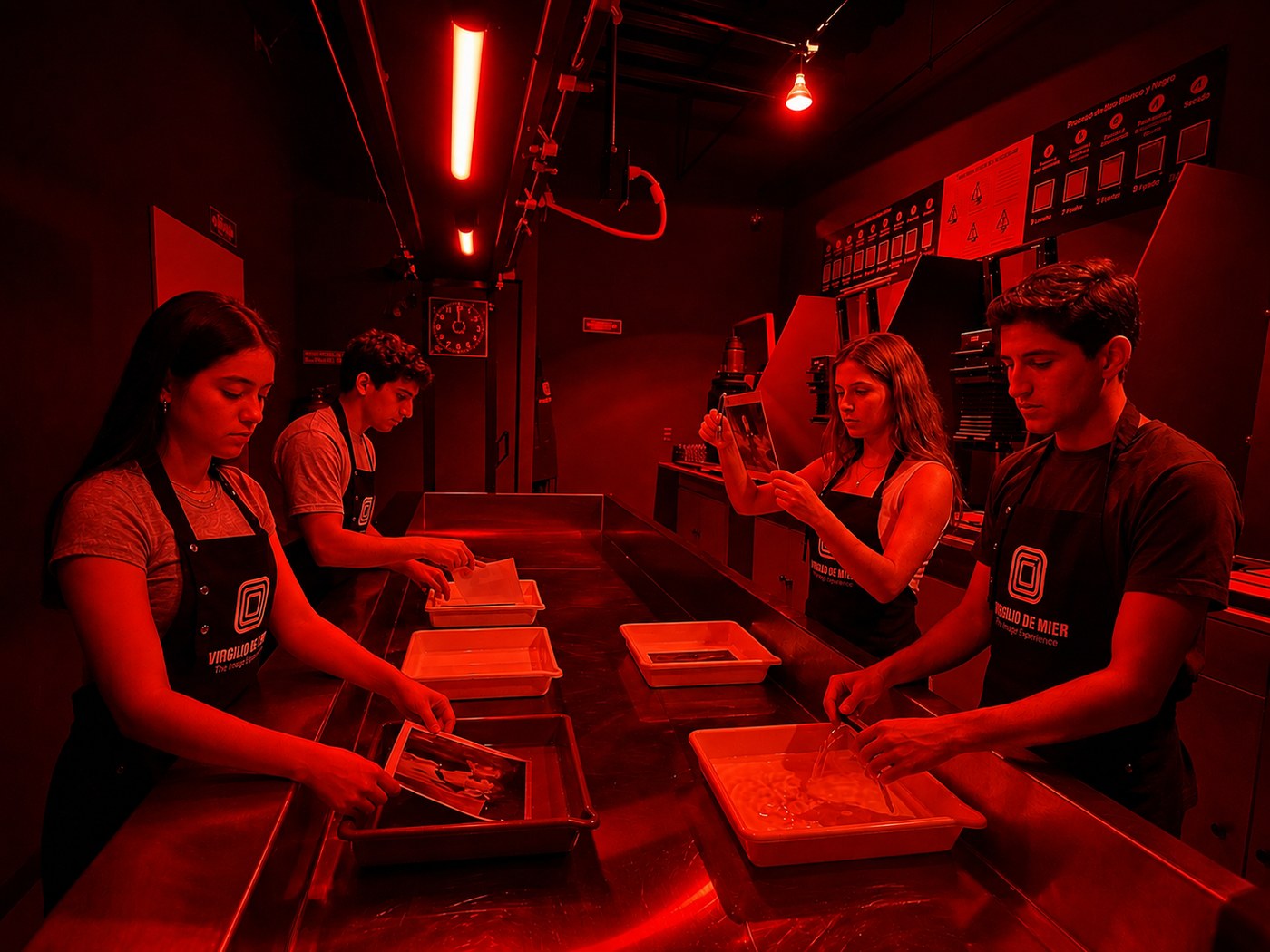 Participantes revelando sus impresiones bajo la luz roja del cuarto oscuro