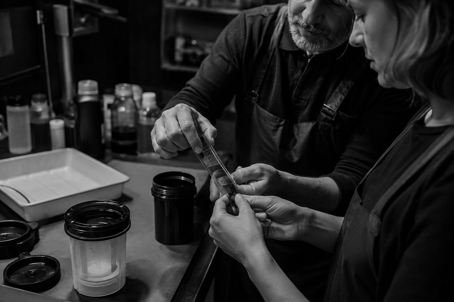 Manos preparando una placa en el cuarto oscuro