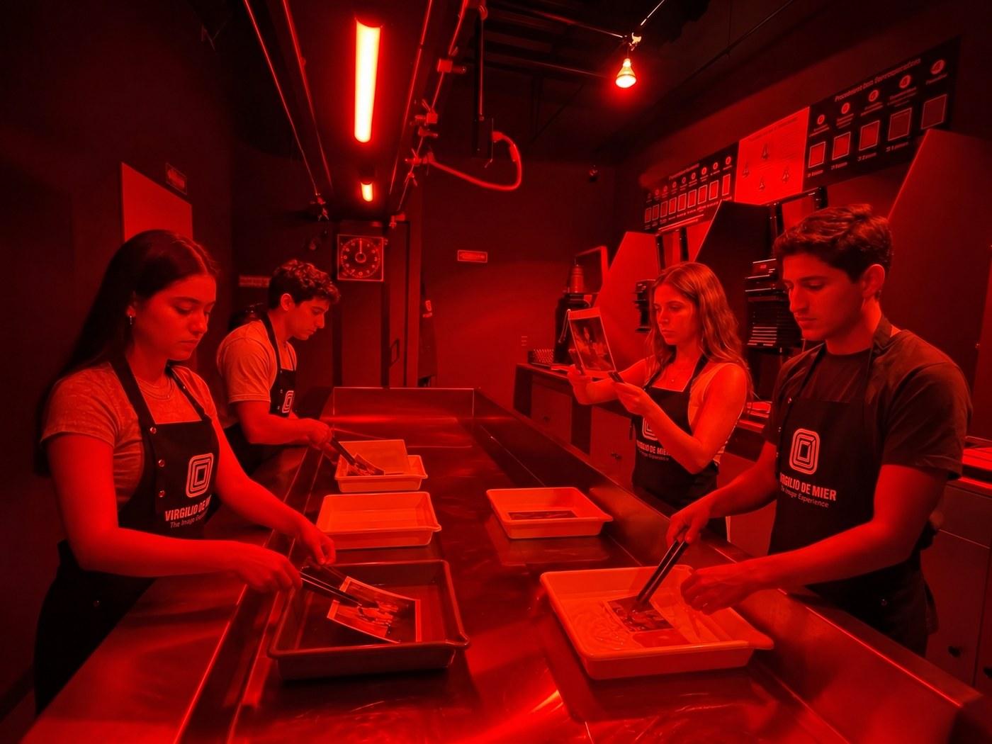 Una fotografía apareciendo sobre el papel dentro de la bandeja del cuarto oscuro, junto a la ampliadora