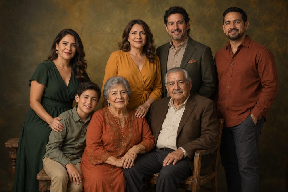 Retrato multigeneracional de siete personas